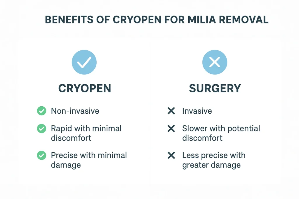 Benefits of cryopen for milia removal Warrington compared to surgical treatments.