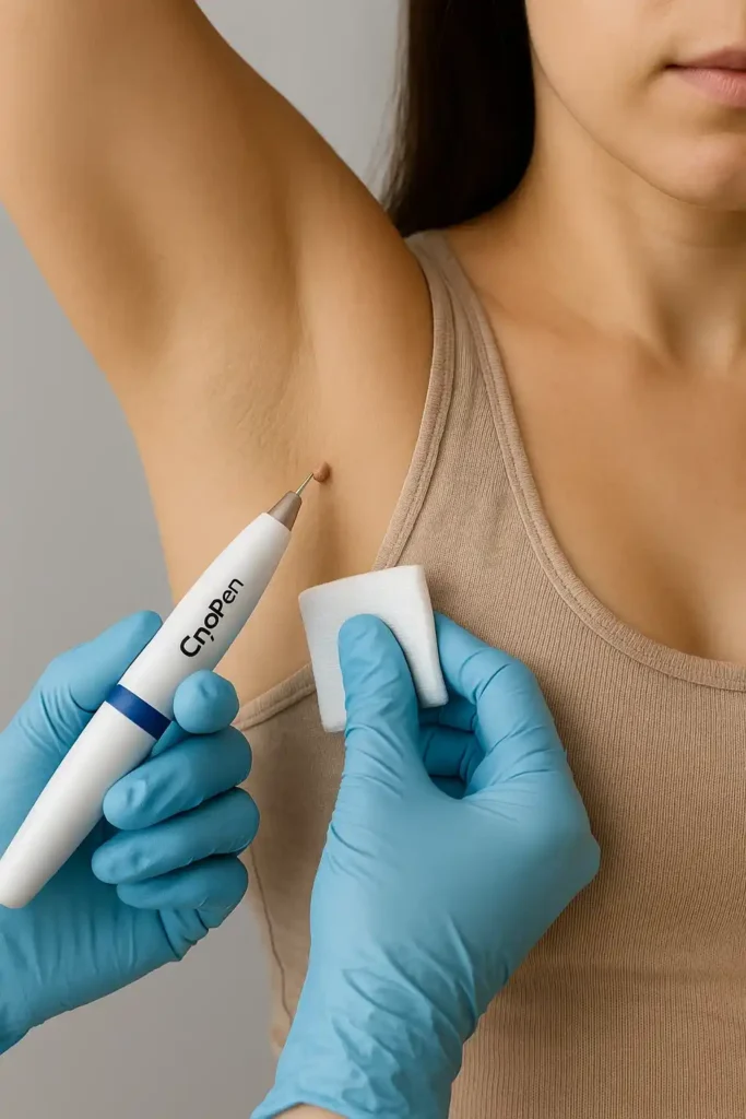 woman having cryopen to remove underarm skin tags Warrington