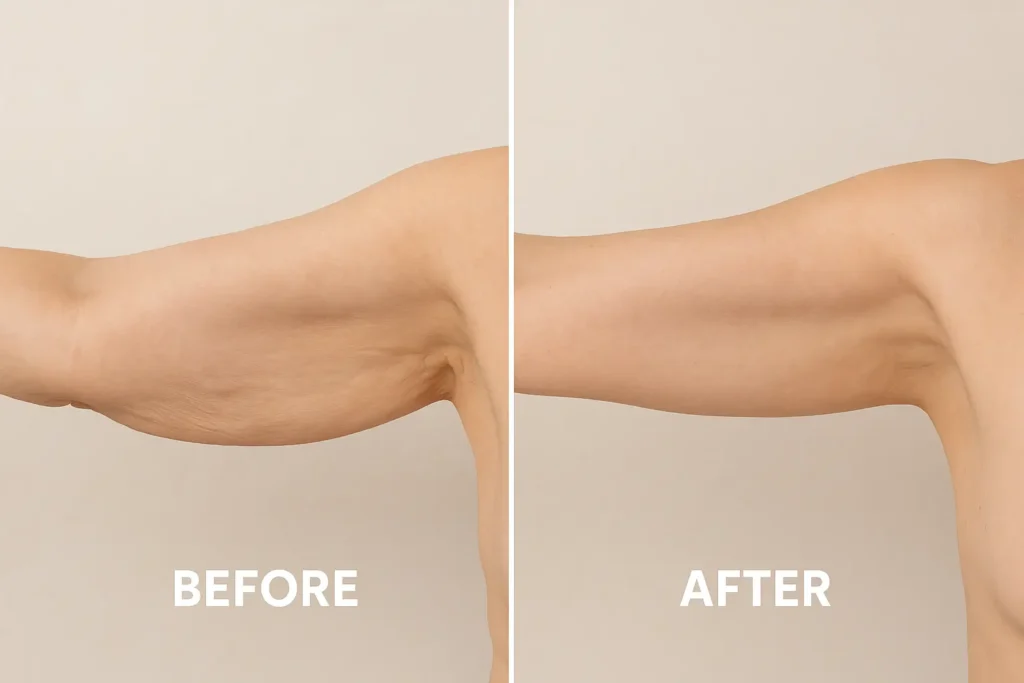 Picture of LA LIPO Warrington before and after results of skin tightening treatment on the upper arms.