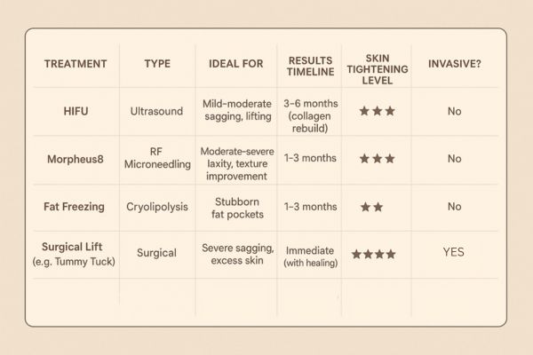 Table showing the comparisons of Skin tightening Warrington treatment options.